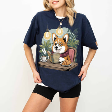 Corgi Reading at Café Funny Dog T-Shirt