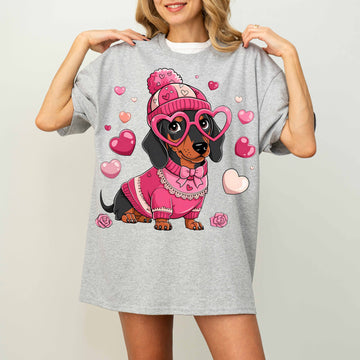 Cute Pink Dachshund Dog Mom T-Shirt with Heart Glasses