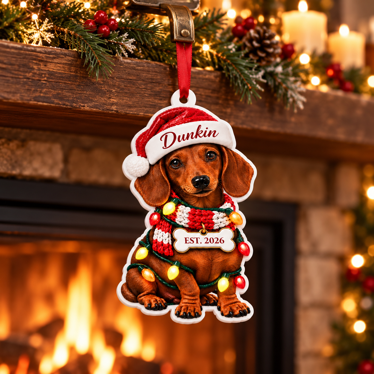 Personalized Dachshund Santa Hat Christmas Ornament, Custom Name & Est. Year, 3D Acrylic Keepsake