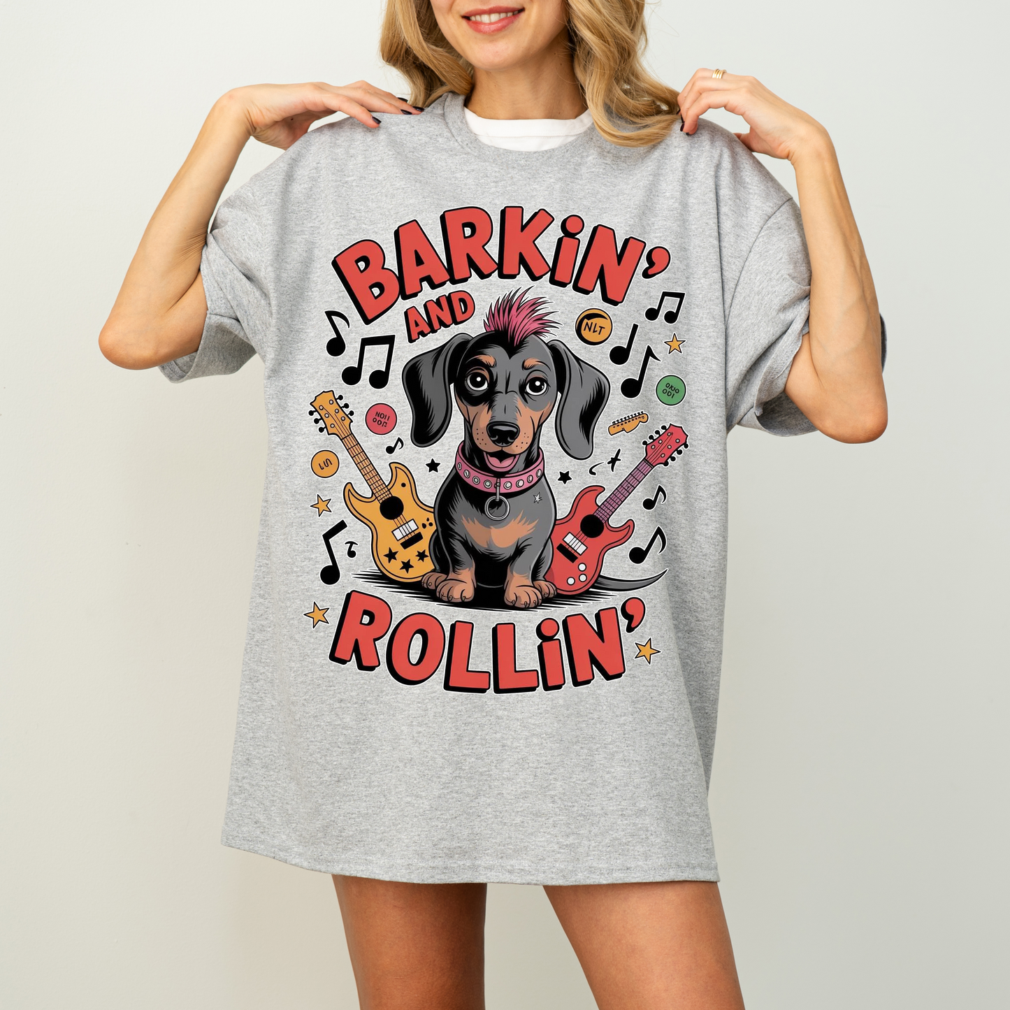 Barkin and Rollin Dachshund Shirt, Cute Rock and Roll Sausage Dog Graphic Tee