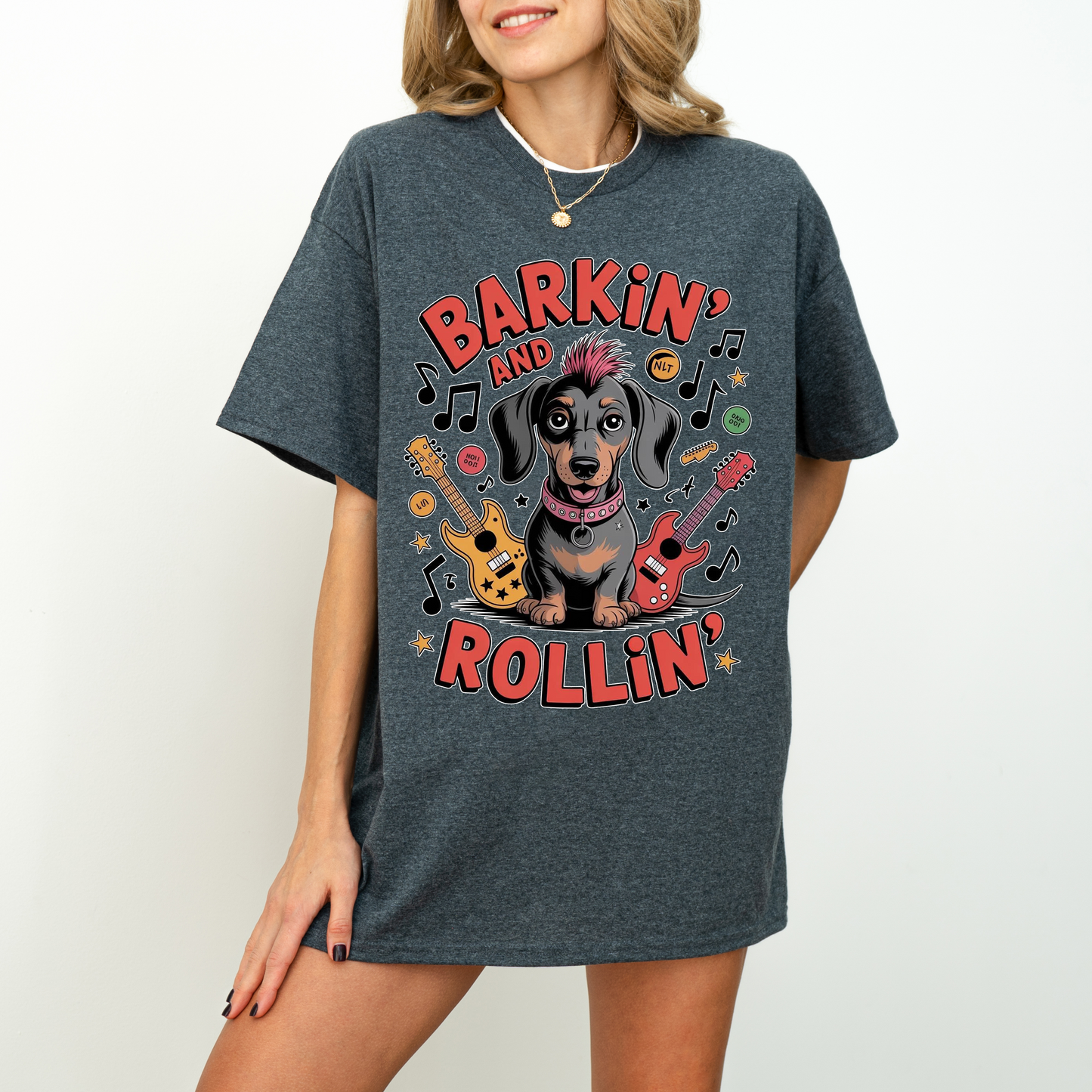 Barkin and Rollin Dachshund Shirt, Cute Rock and Roll Sausage Dog Graphic Tee