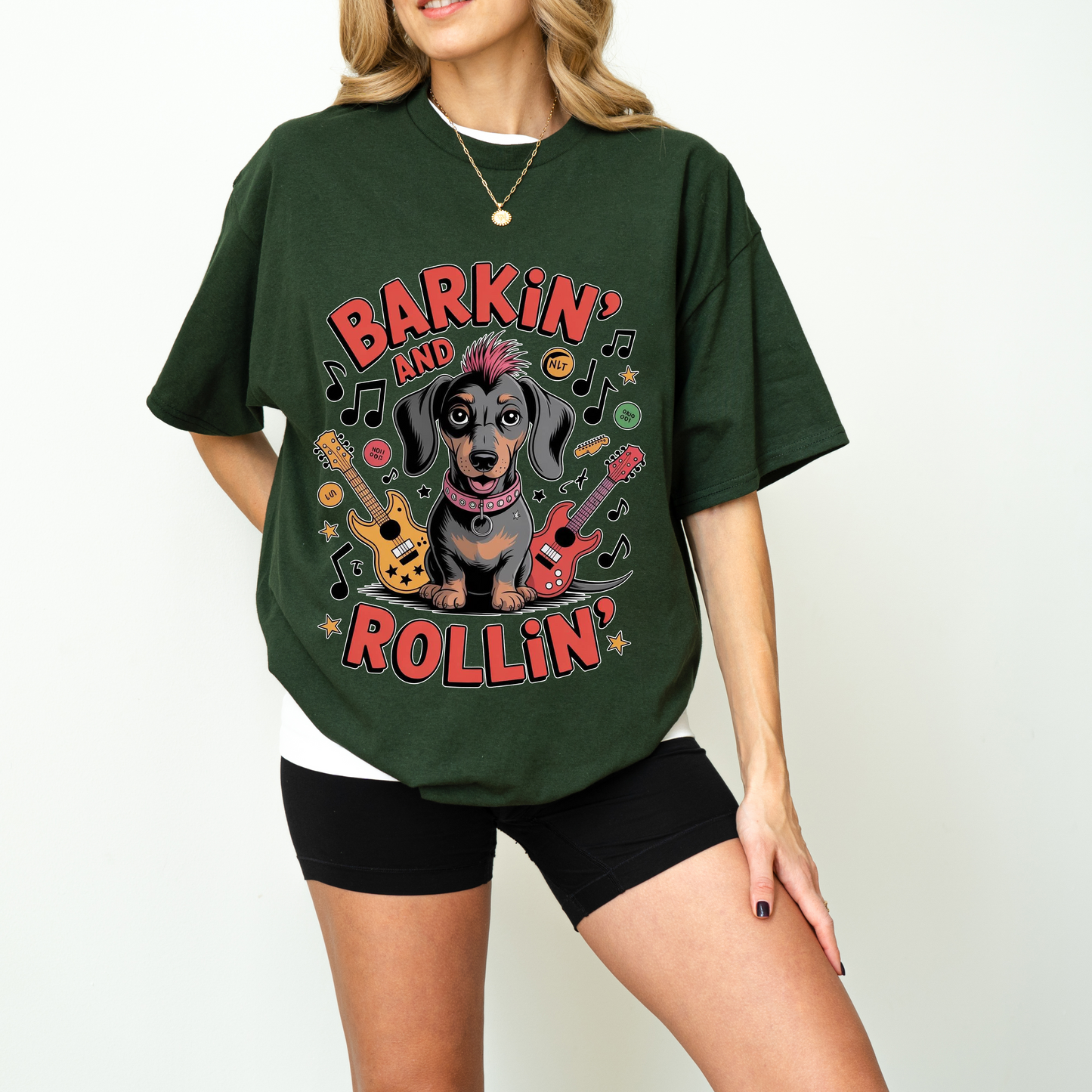 Barkin and Rollin Dachshund Shirt, Cute Rock and Roll Sausage Dog Graphic Tee