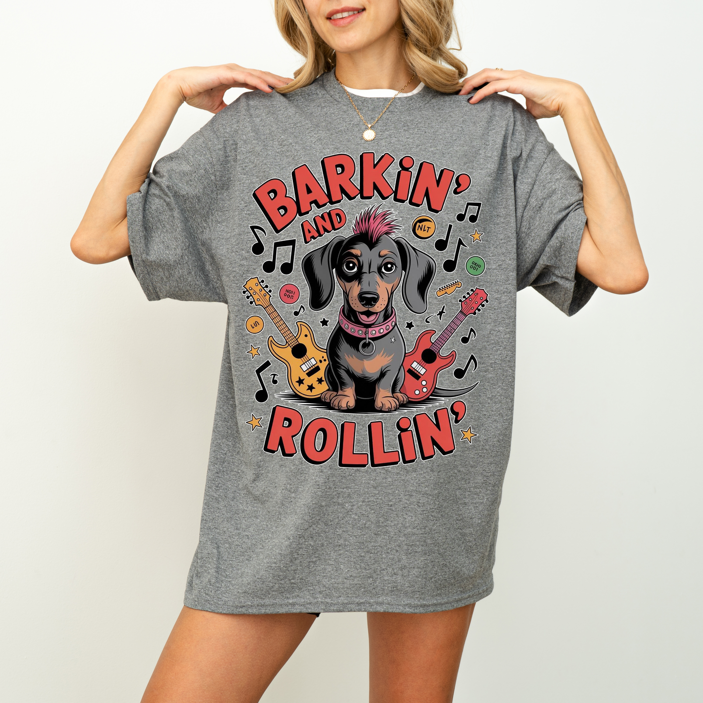 Barkin and Rollin Dachshund Shirt, Cute Rock and Roll Sausage Dog Graphic Tee