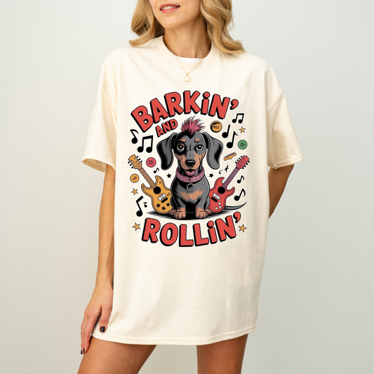 Barkin and Rollin Dachshund Shirt, Cute Rock and Roll Sausage Dog Graphic Tee