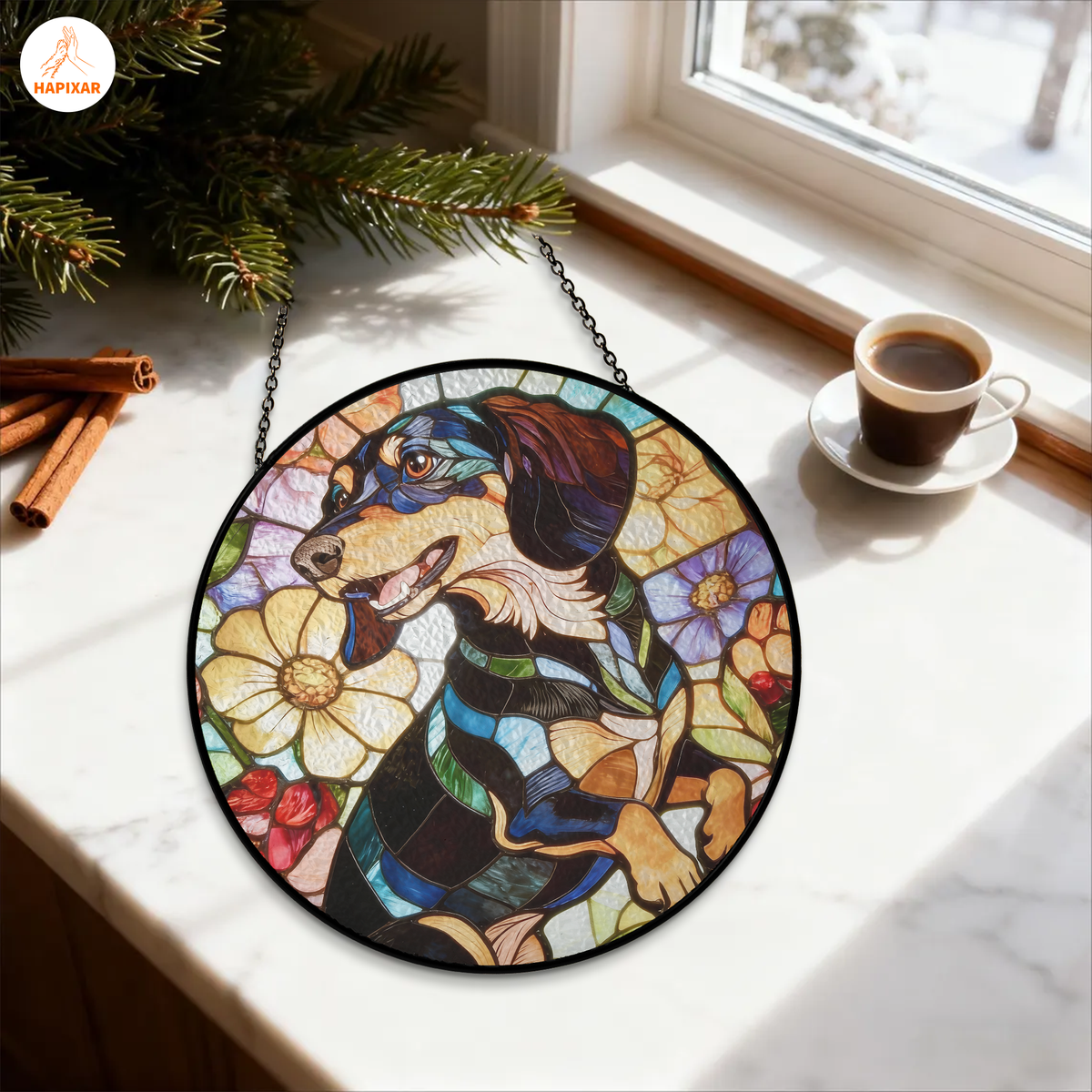 Black Tan Dachshund Suncatcher – Bold Stained Glass Doxie Decor