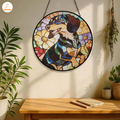 Black Tan Dachshund Suncatcher – Bold Stained Glass Doxie Decor