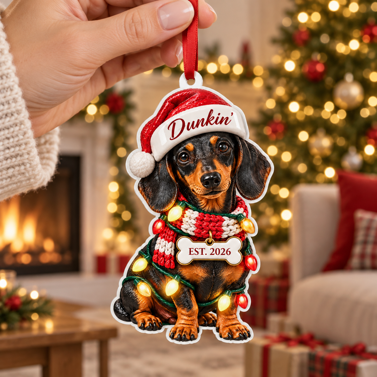 Personalized Dachshund Santa Hat Christmas Ornament, Custom Name & Est. Year, 3D Acrylic Keepsake