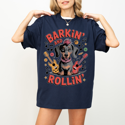 Barkin and Rollin Dachshund Shirt, Cute Rock and Roll Sausage Dog Graphic Tee