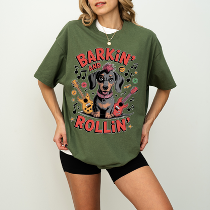 Barkin and Rollin Dachshund Shirt, Cute Rock and Roll Sausage Dog Graphic Tee