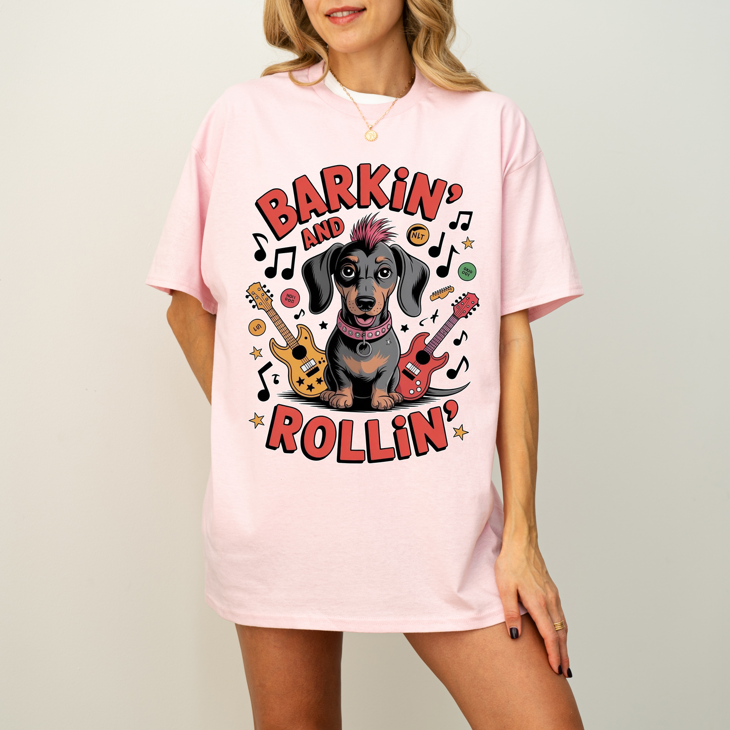 Barkin and Rollin Dachshund Shirt, Cute Rock and Roll Sausage Dog Graphic Tee
