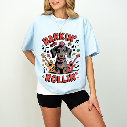 Barkin and Rollin Dachshund Shirt, Cute Rock and Roll Sausage Dog Graphic Tee