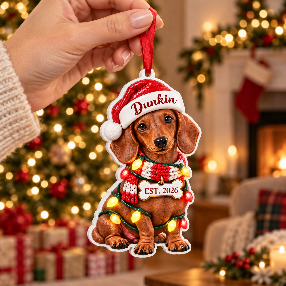 Personalized Dachshund Santa Hat Christmas Ornament, Custom Name & Est. Year, 3D Acrylic Keepsake