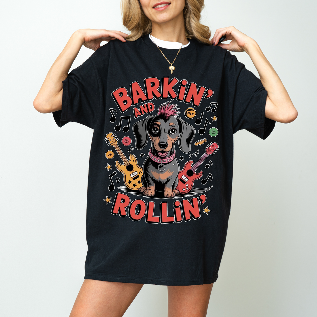 Barkin and Rollin Dachshund Shirt, Cute Rock and Roll Sausage Dog Graphic Tee