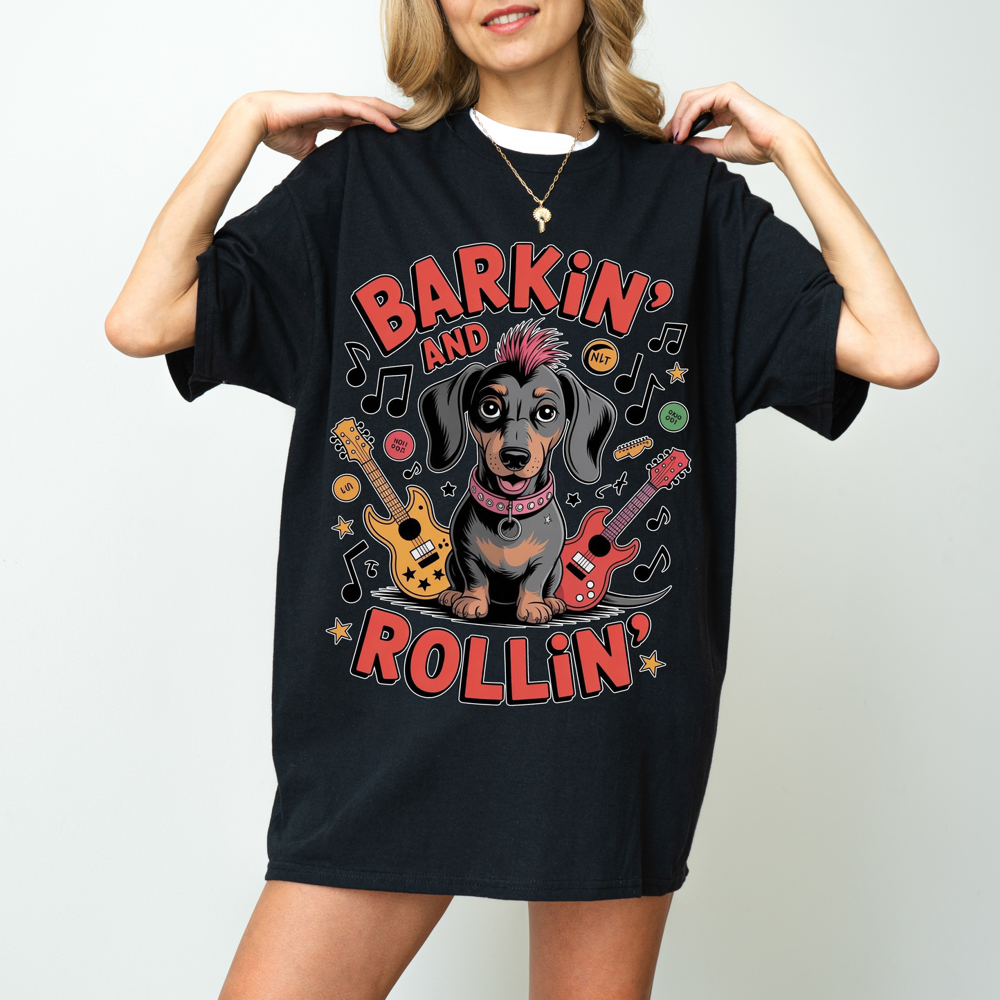 Barkin and Rollin Dachshund Shirt, Cute Rock and Roll Sausage Dog Graphic Tee