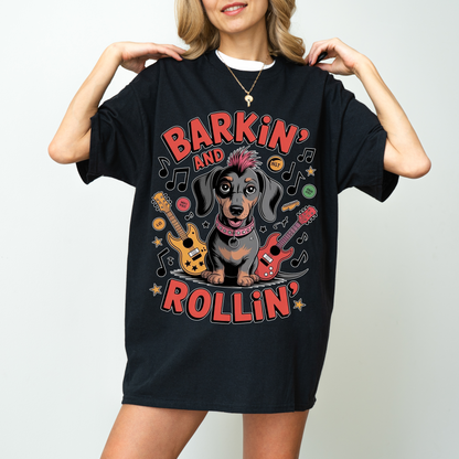 Barkin and Rollin Dachshund Shirt, Cute Rock and Roll Sausage Dog Graphic Tee