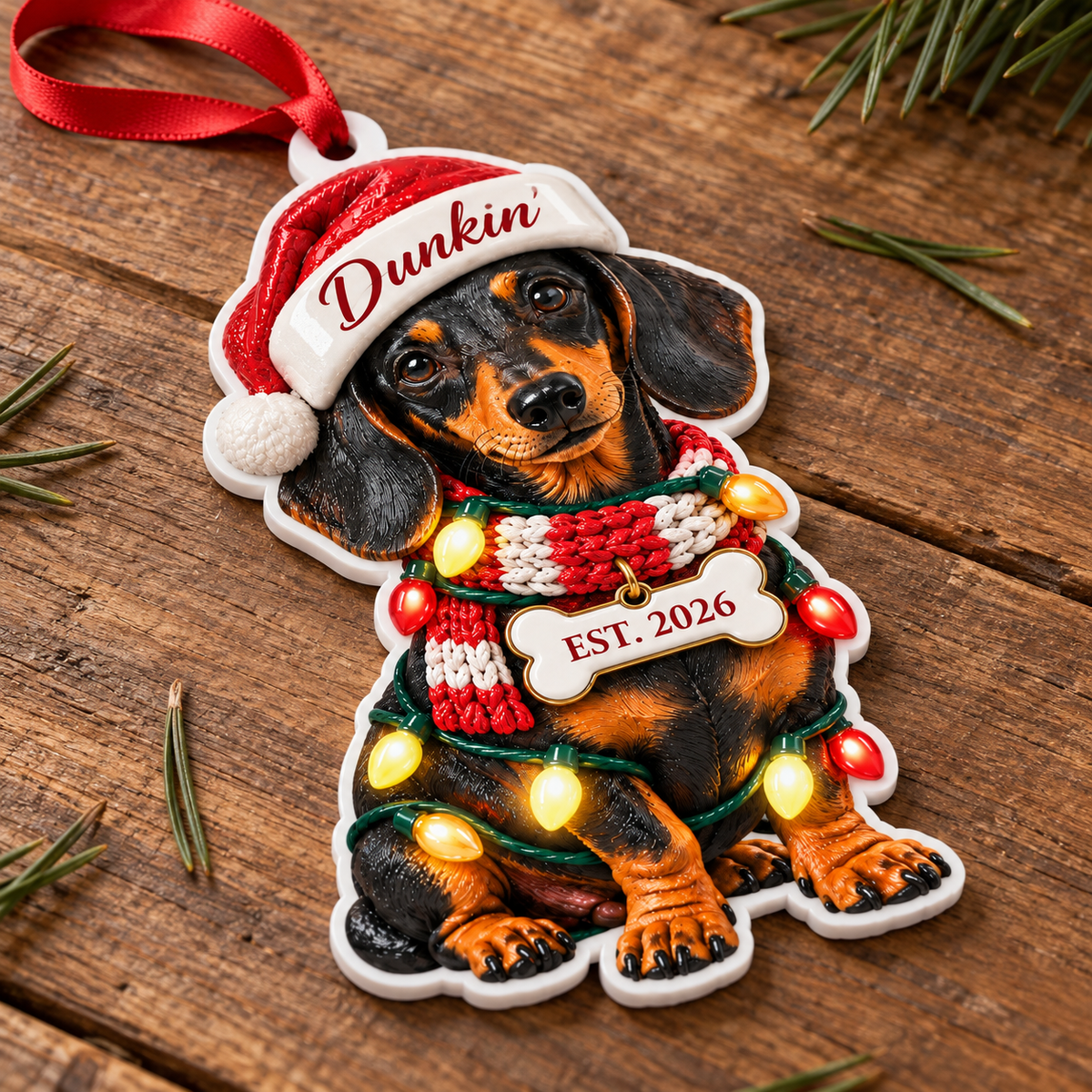 Personalized Dachshund Santa Hat Christmas Ornament, Custom Name & Est. Year, 3D Acrylic Keepsake