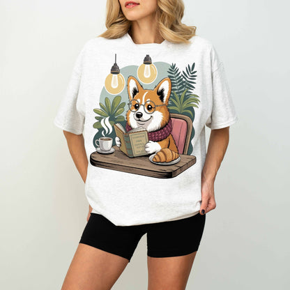 Corgi Reading at Café Funny Dog T-Shirt