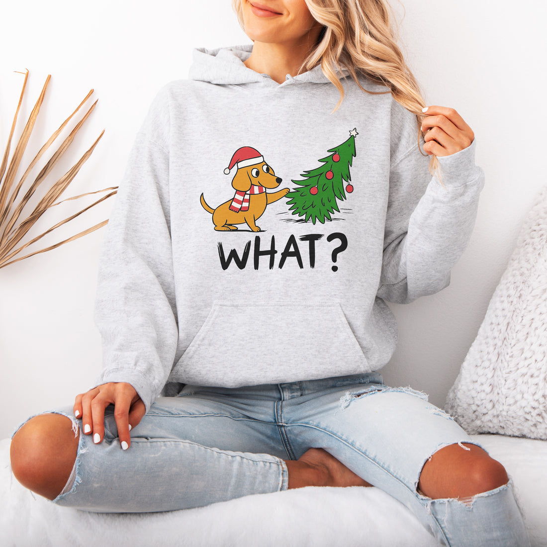 Funny What? Dachshund Christmas Hoodie – Cute Wiener Dog Holiday Hoodie for Dog Lovers
