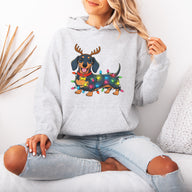 Reindeer Lights Dachshund Christmas Hoodie – Funny Wiener Dog Holiday Hooded Sweatshirt for Dog Lovers