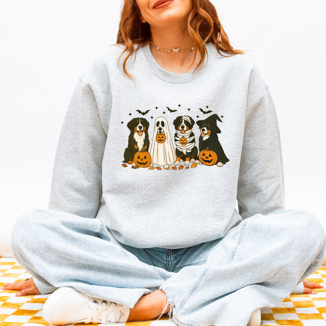 Bernese Mountain Dog Halloween Sweatshirt, Cute Fall Dog Sweater with Pumpkins & Ghosts, Cozy Bernese Mama Gift