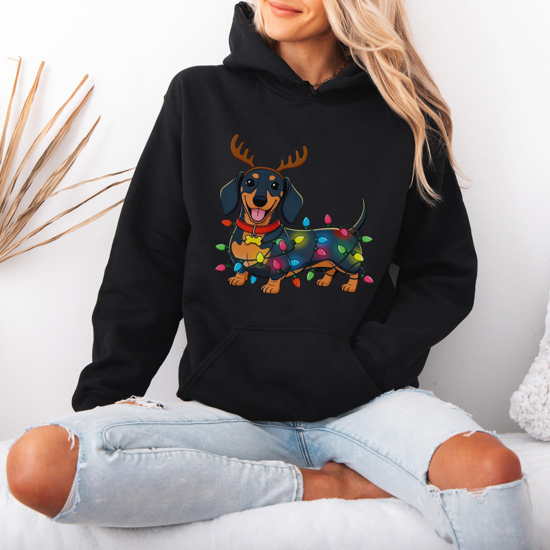 Reindeer Lights Dachshund Christmas Hoodie – Funny Wiener Dog Holiday Hooded Sweatshirt for Dog Lovers