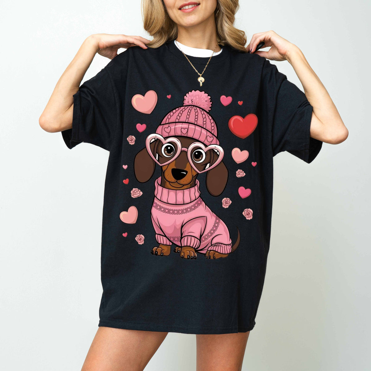 Pink Heart Glasses Dachshund Dog Mom T-Shirt