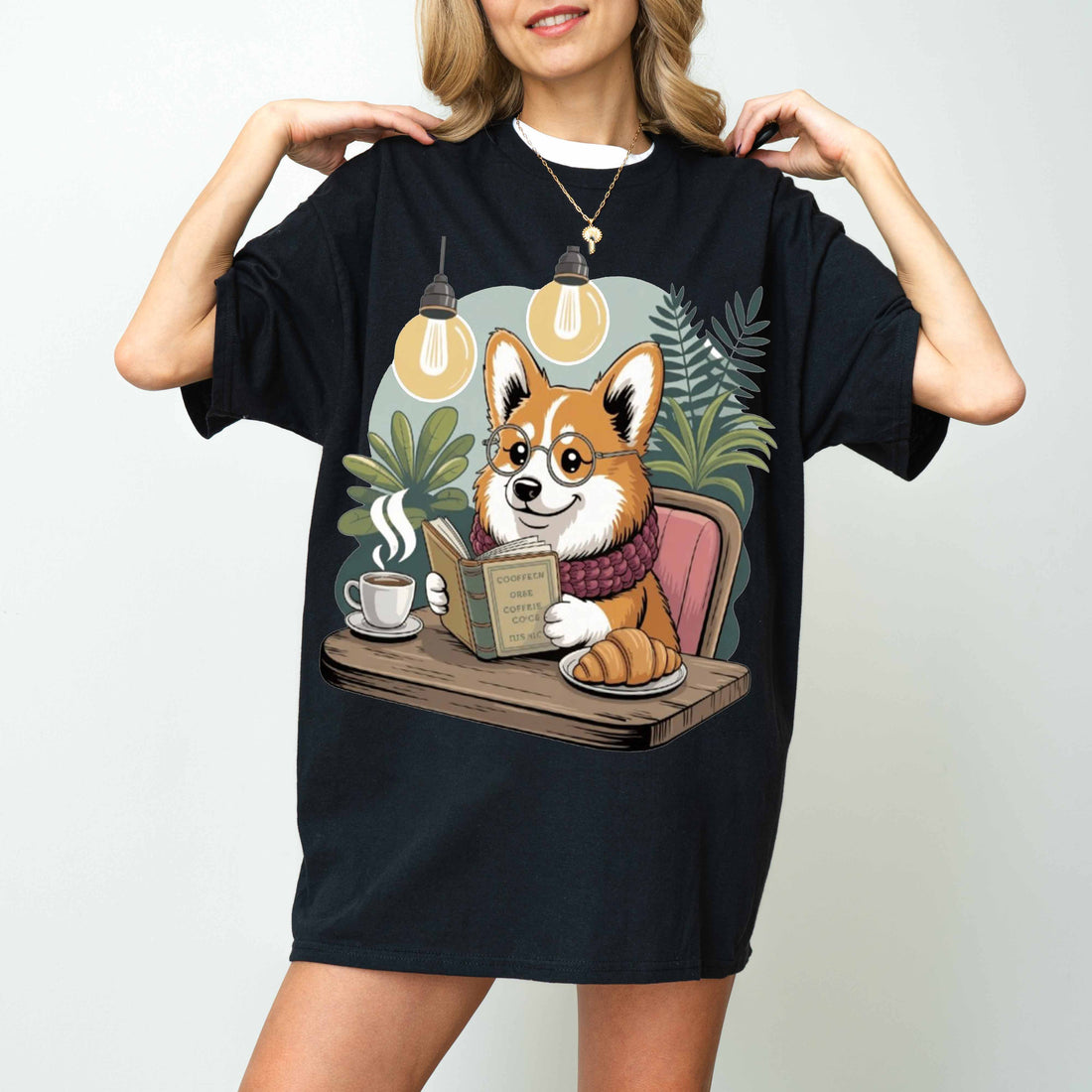 Corgi Reading at Café Funny Dog T-Shirt