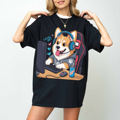 Gamer Corgi Level Up Funny Dog T-Shirt