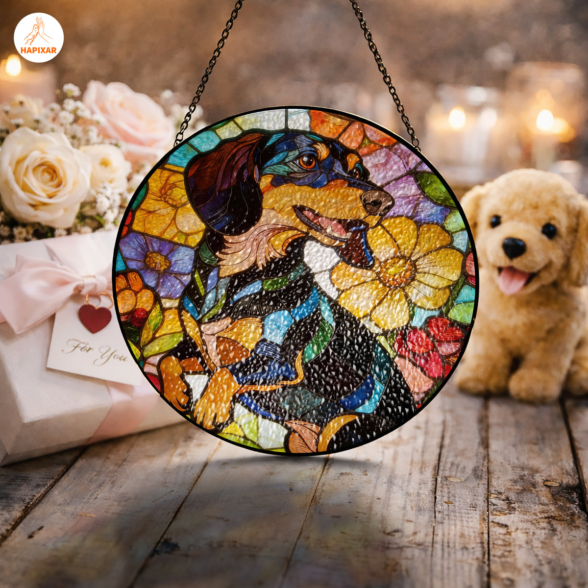 Black Tan Dachshund Suncatcher – Bold Stained Glass Doxie Decor