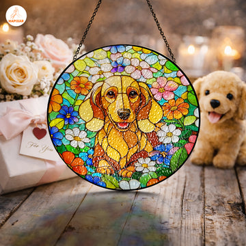 Floral Dachshund Glass Suncatcher – Stained Glass Window Hanging Gift for Dog Lovers