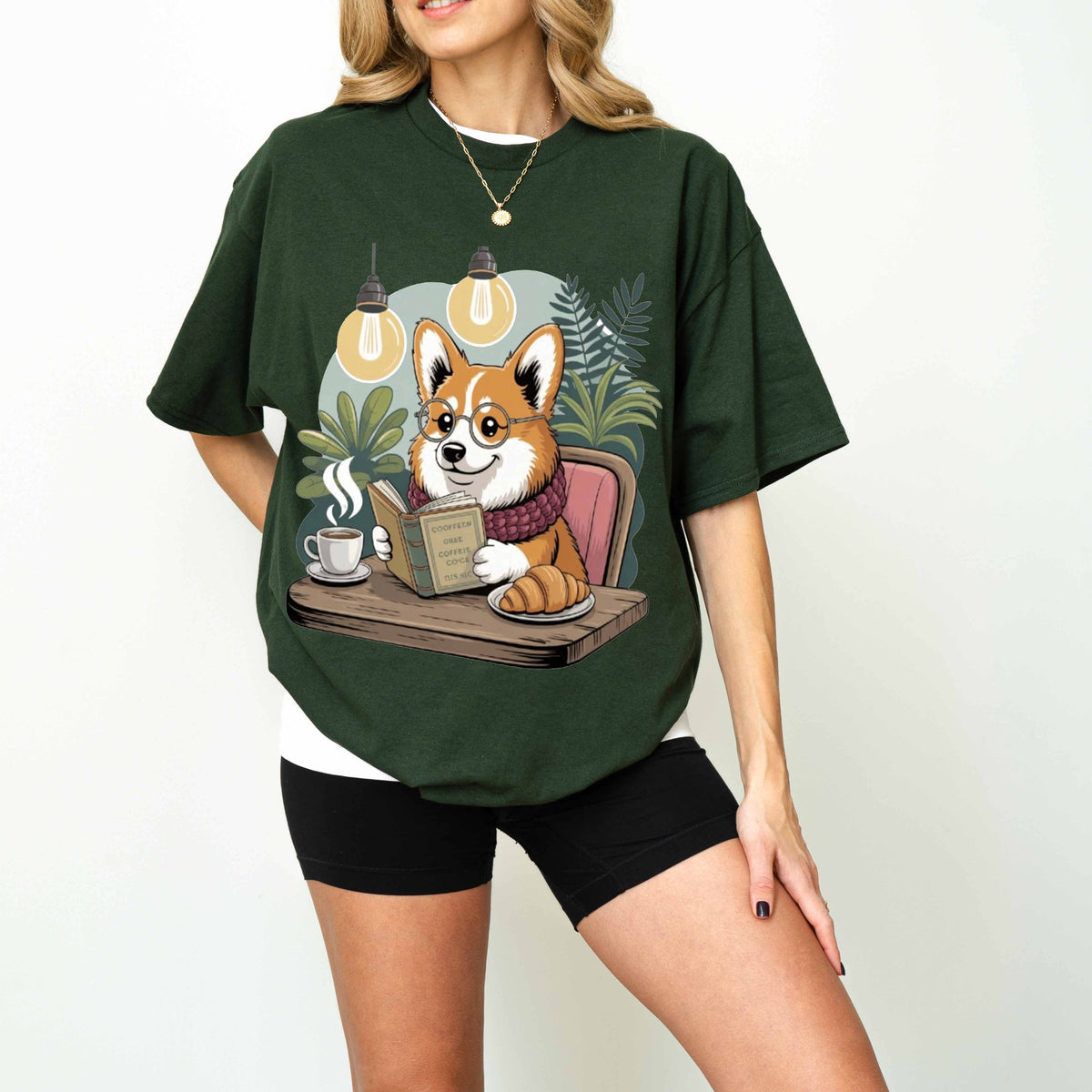 Corgi Reading at Café Funny Dog T-Shirt
