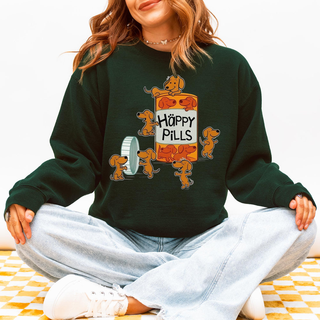 Happy Pills Dachshund Sweatshirt – Funny Wiener Dog Pullover for Dog Lovers, Cute Doxie Gift