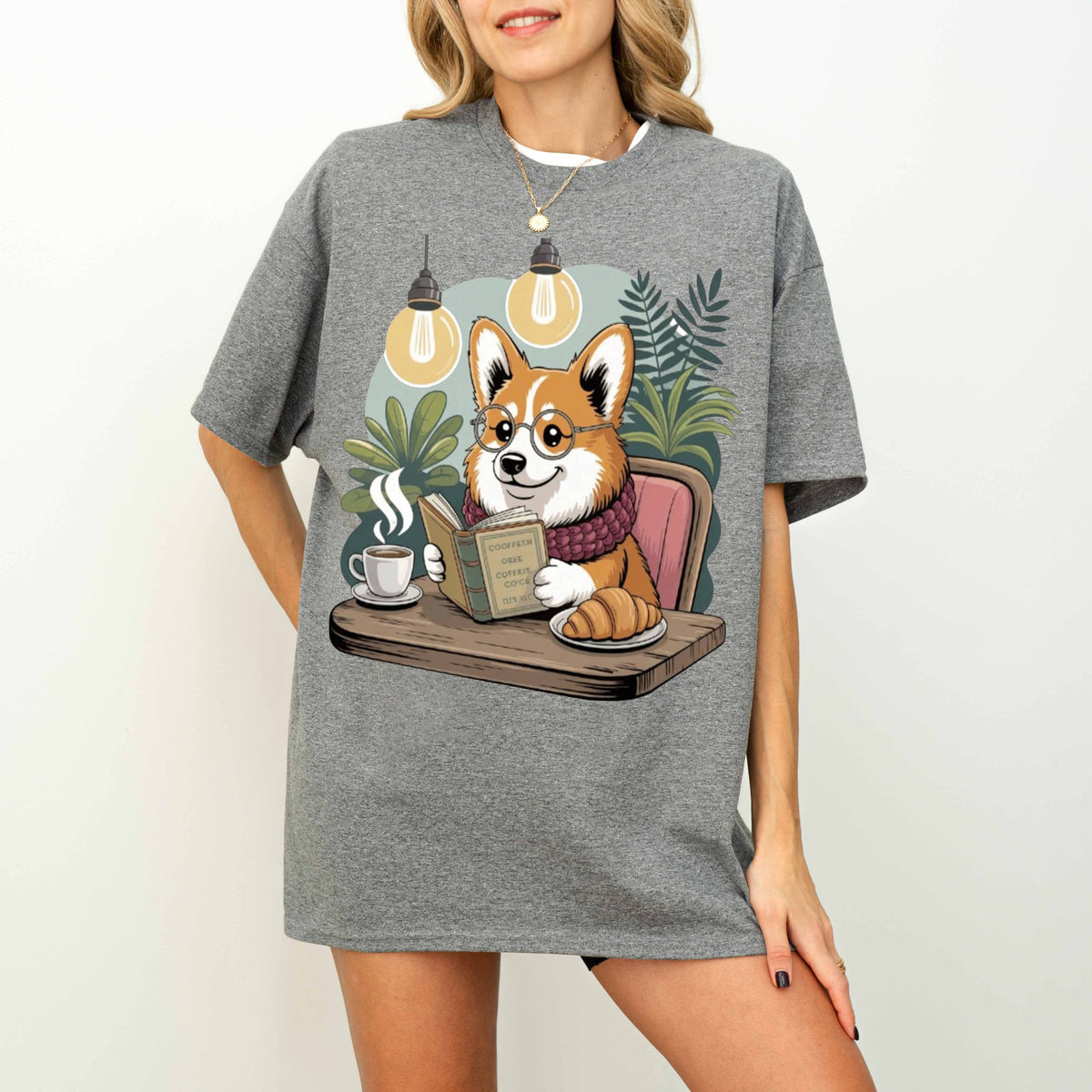 Corgi Reading at Café Funny Dog T-Shirt