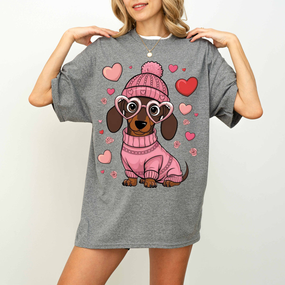 Pink Heart Glasses Dachshund Dog Mom T-Shirt
