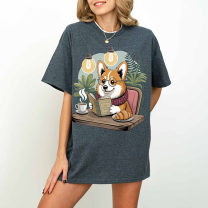 Corgi Reading at Café Funny Dog T-Shirt