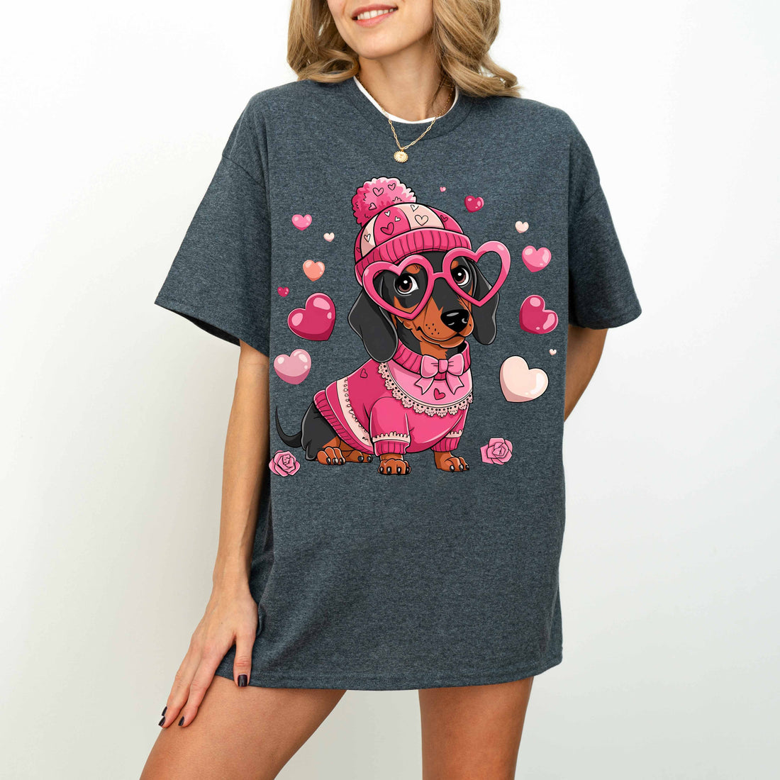 Cute Pink Dachshund Dog Mom T-Shirt with Heart Glasses