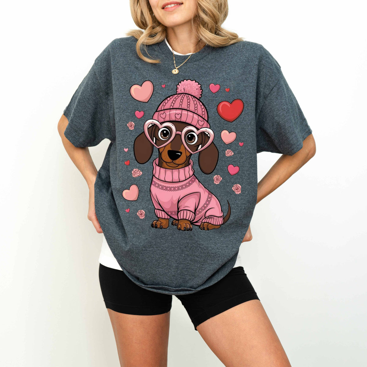 Pink Heart Glasses Dachshund Dog Mom T-Shirt