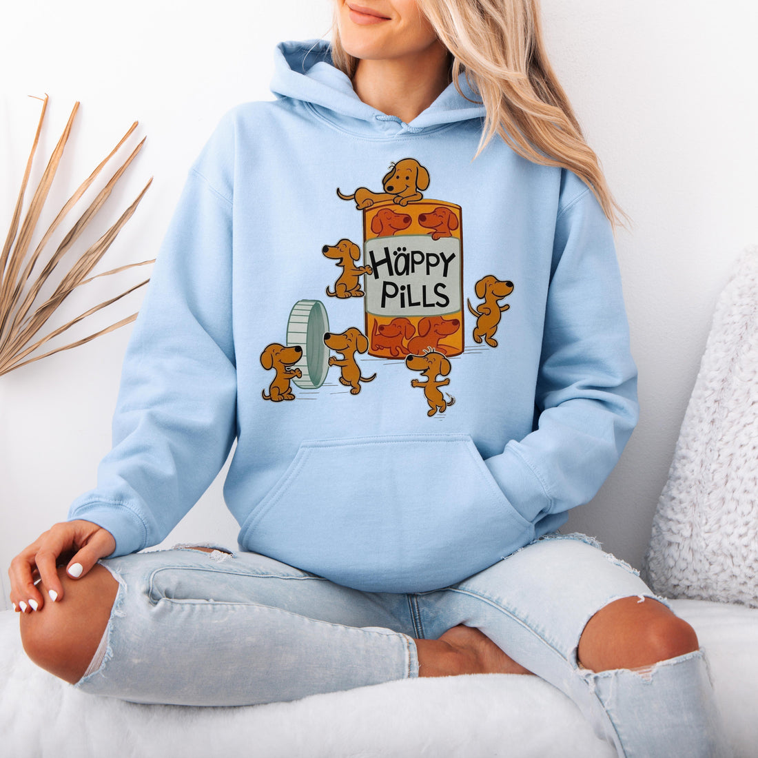 Happy Pills Dachshund Hoodie – Funny Wiener Dog Hooded Sweatshirt for Dog Lovers, Cute Doxie Gift
