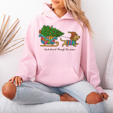 Dachshund Through the Snow Christmas Hoodie – Cute Wiener Dog Holiday Hooded Sweatshirt for Dog Lovers