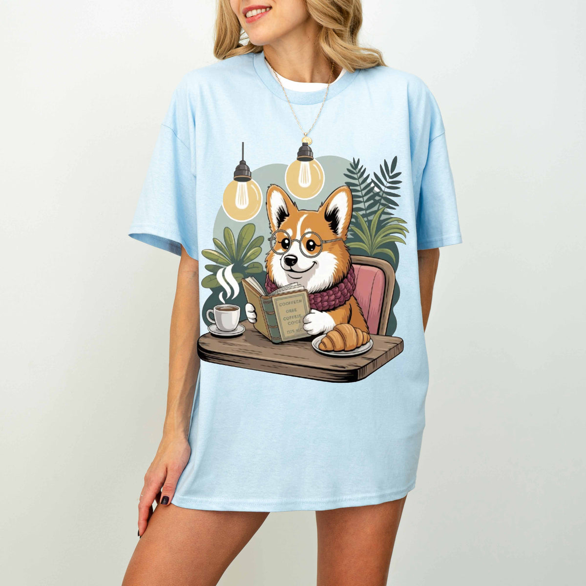 Corgi Reading at Café Funny Dog T-Shirt