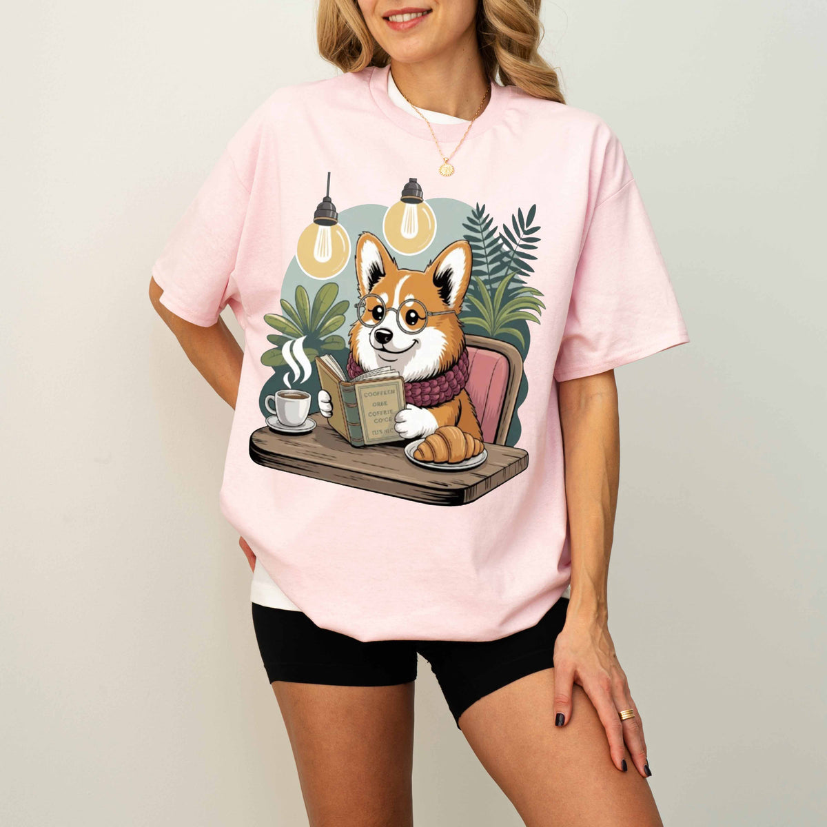 Corgi Reading at Café Funny Dog T-Shirt