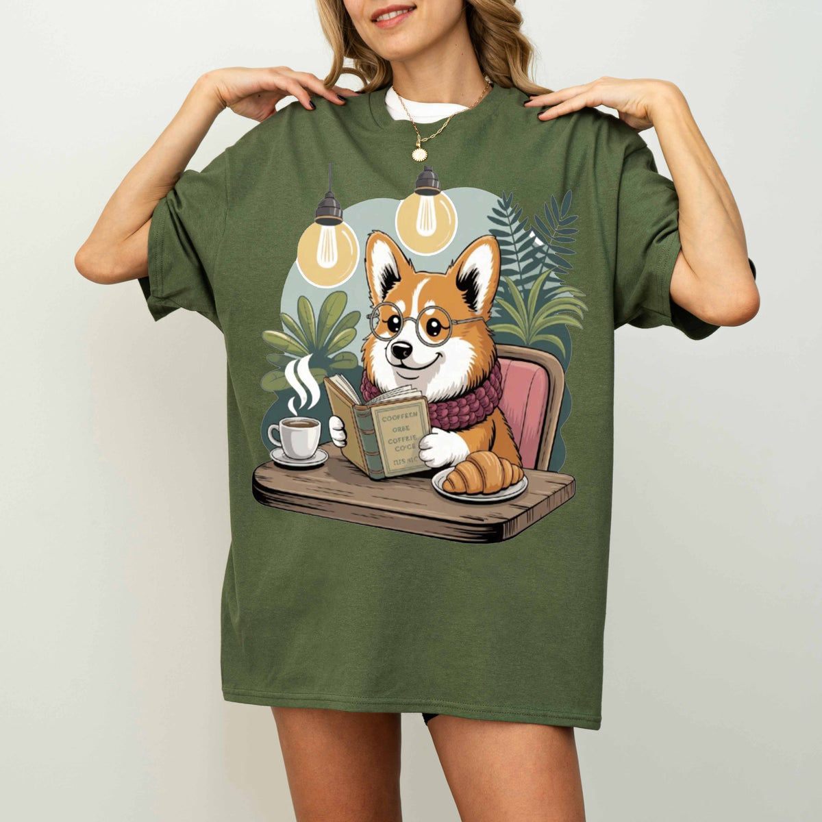Corgi Reading at Café Funny Dog T-Shirt