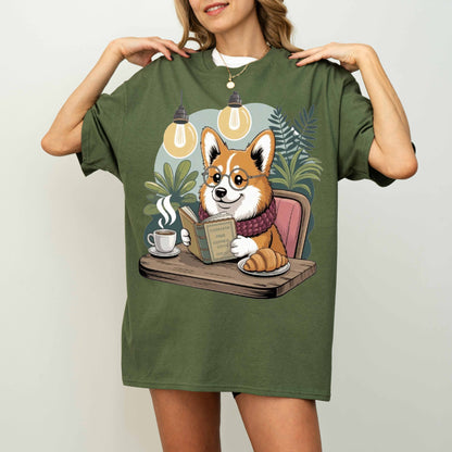 Corgi Reading at Café Funny Dog T-Shirt