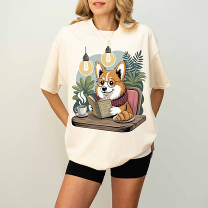 Corgi Reading at Café Funny Dog T-Shirt