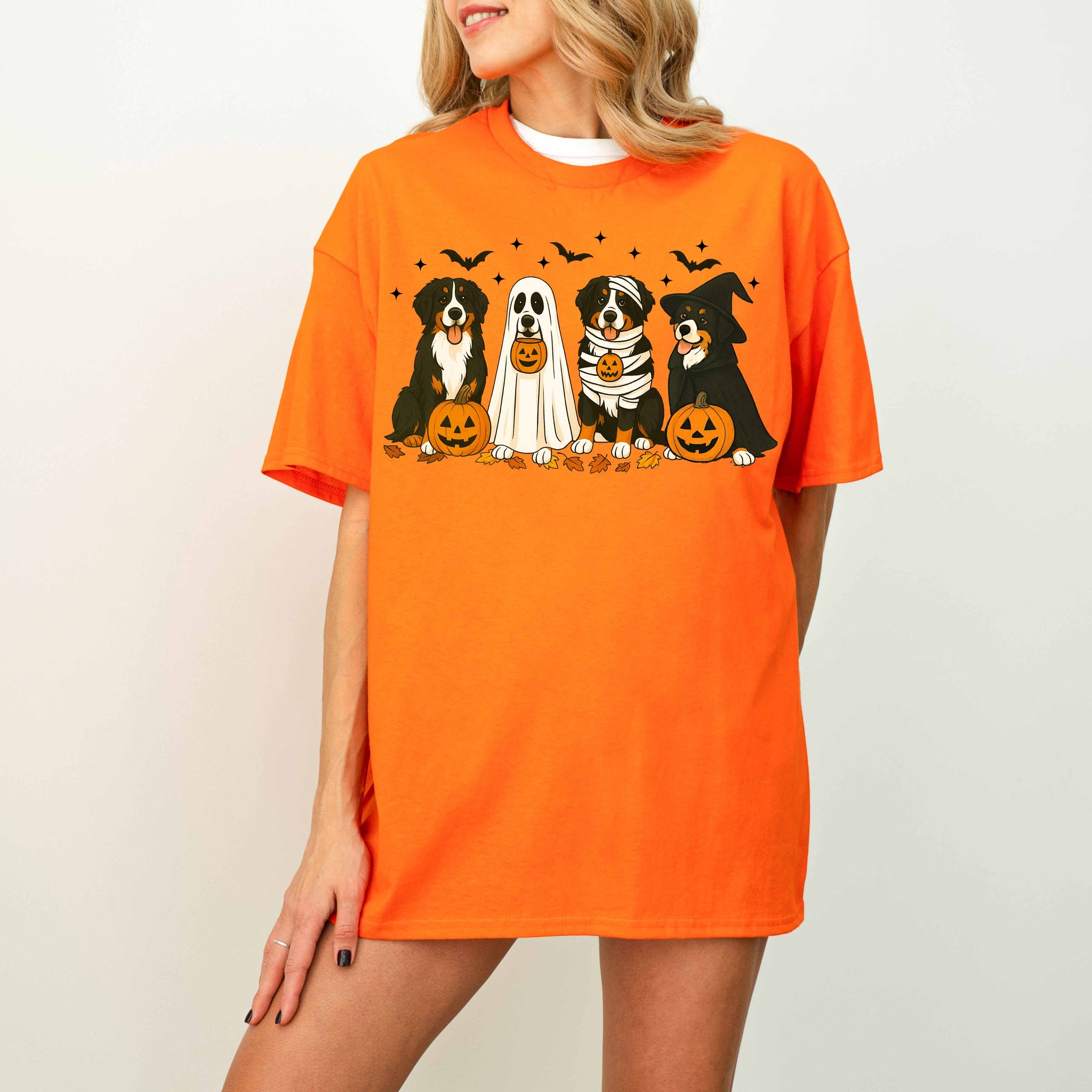 Bernese Mountain Dog Halloween Shirt, Cute Fall Dog Sweater with Pumpkins & Ghosts, Cozy Bernese Mama Gift