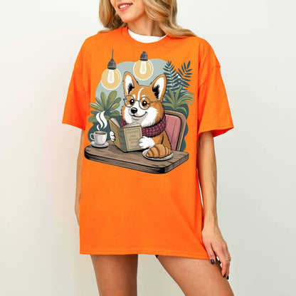 Corgi Reading at Café Funny Dog T-Shirt