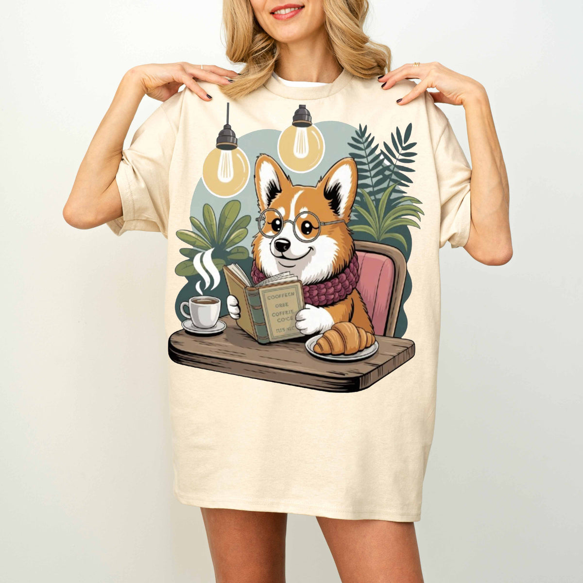 Corgi Reading at Café Funny Dog T-Shirt