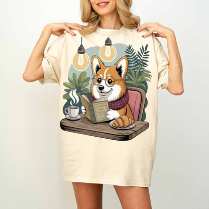 Corgi Reading at Café Funny Dog T-Shirt