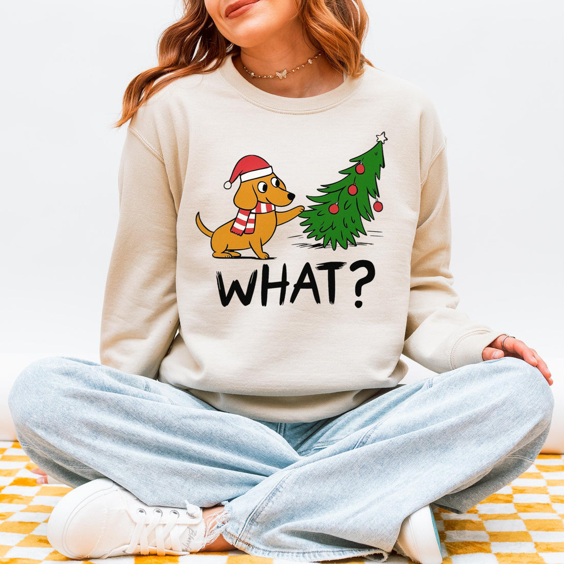 Funny What? Dachshund Christmas Sweatshirt – Cute Wiener Dog Holiday Sweatshirt for Dog Lovers