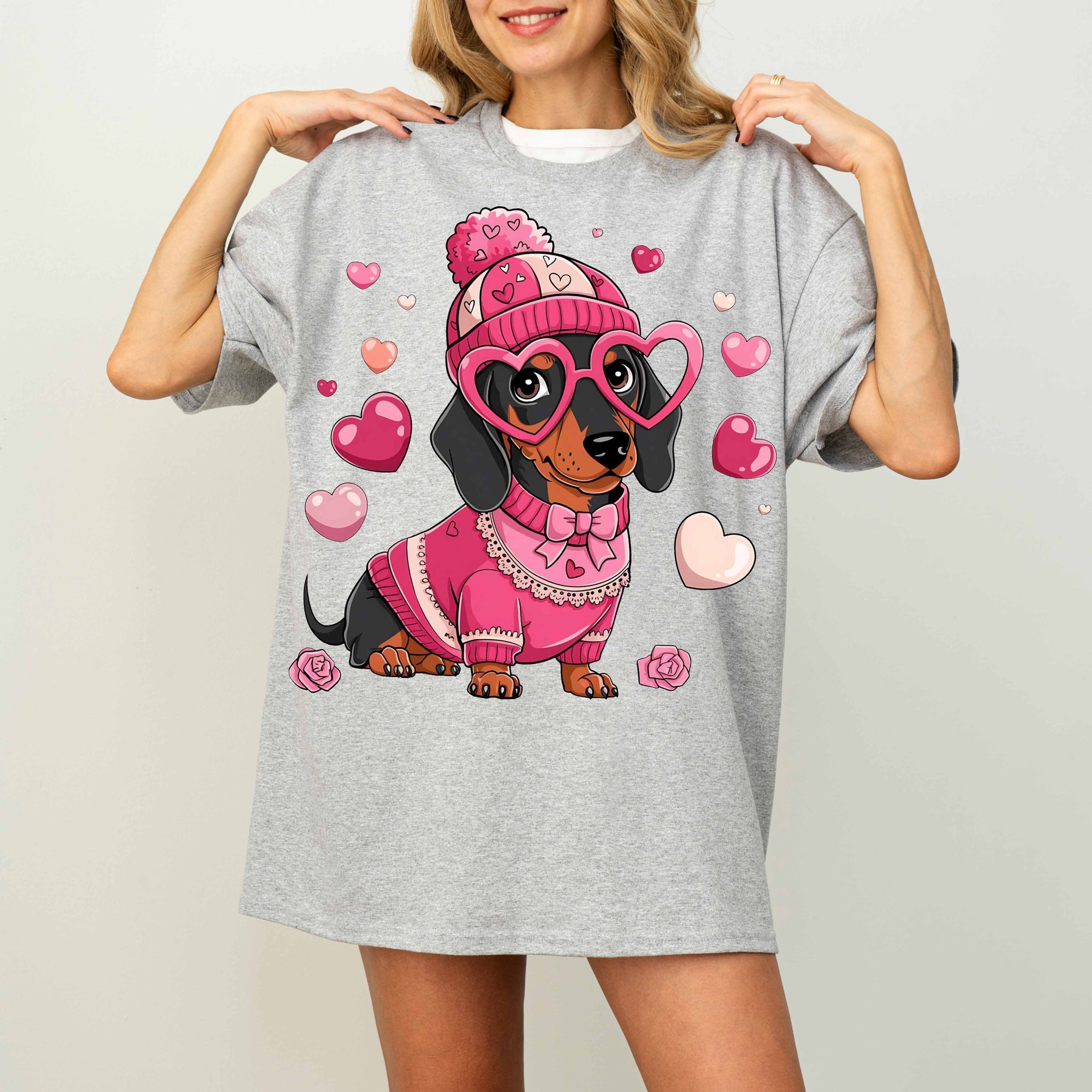 Cute Pink Dachshund Dog Mom T-Shirt with Heart Glasses